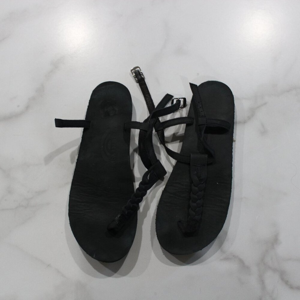 Rainbows Black Leather Twisted T-Street Sandals sz M